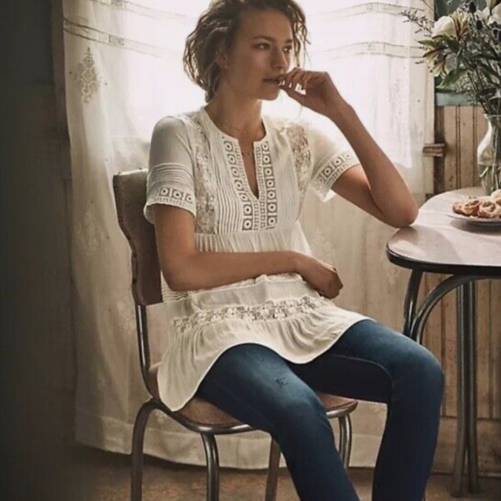 Maeve by Anthropology white sheer tiered lace blouse